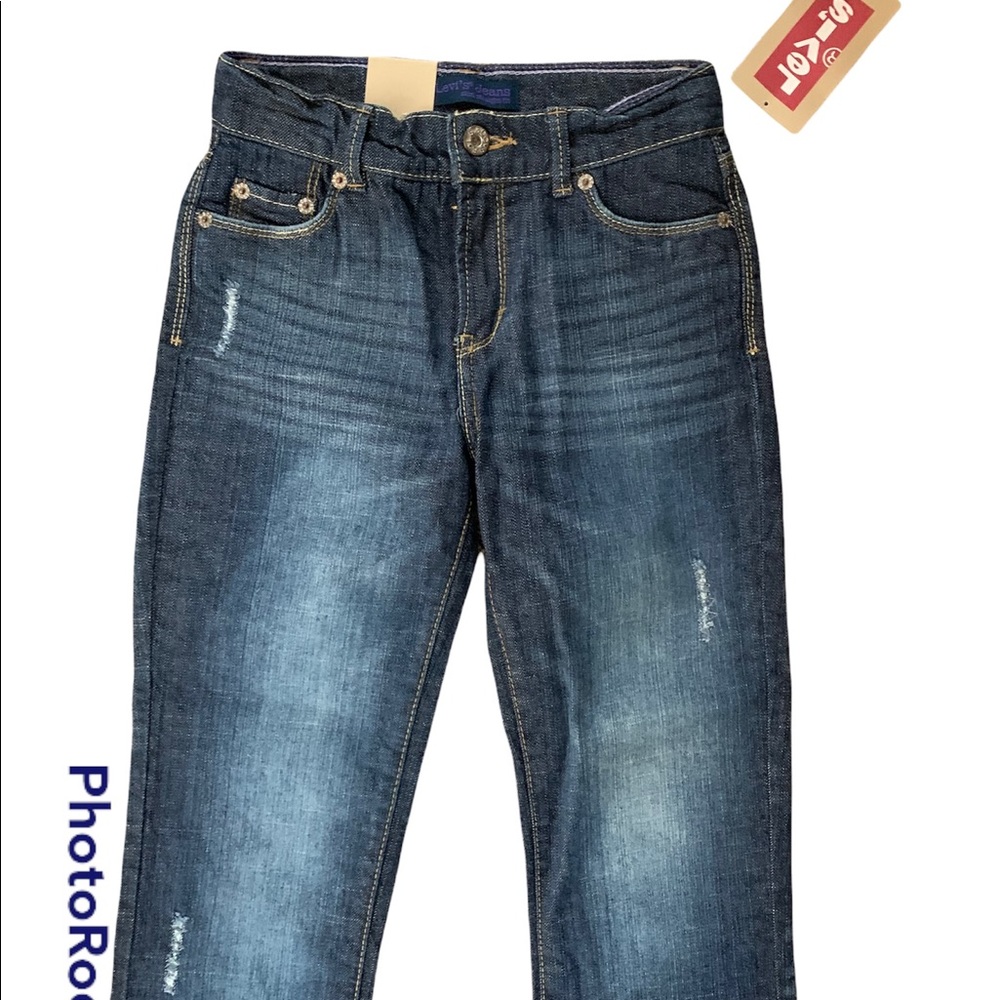 Levi’s 515 Dark Wash Denim Distressed Straight Leg Whiskering Girls Size 12S NWT